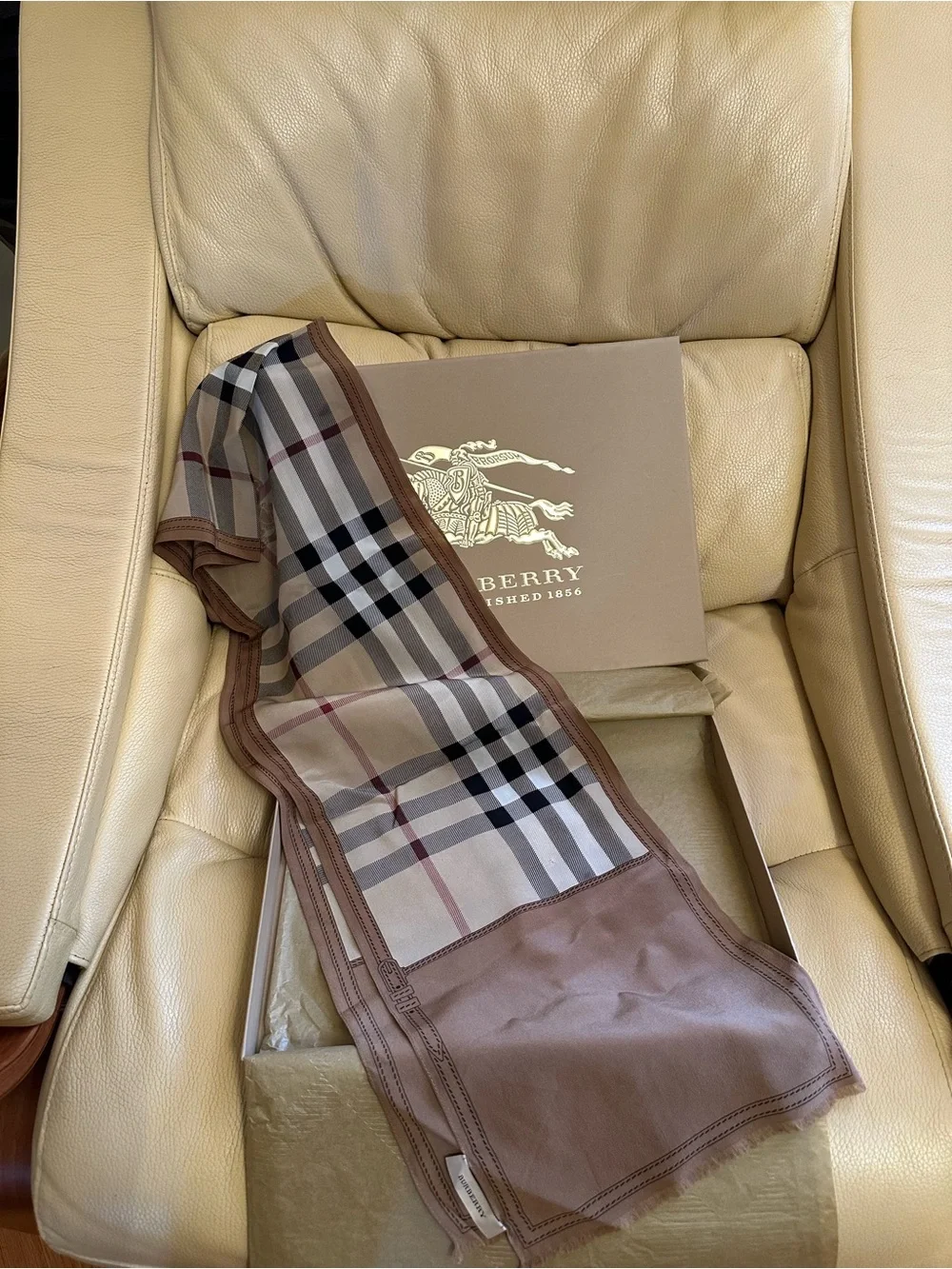 Burberry Beige/Tan Check Silk Scarf with Black and Red Accents